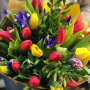 Букет из 9 синих ирисов, 20 разноцветных тюльпанов в дизайнерской упаковке